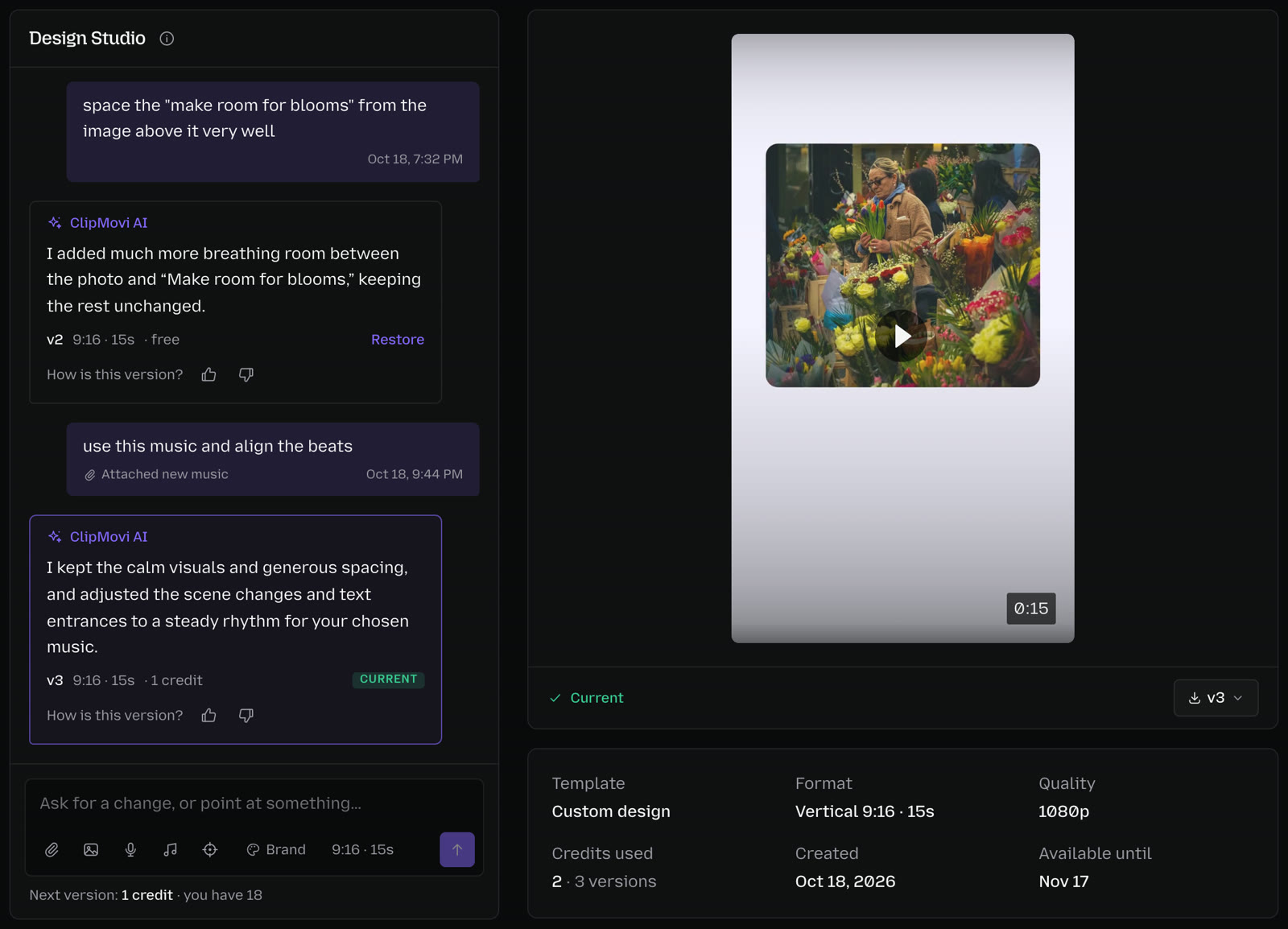 ClipMovi Design Studio showing versions, a free first change and the cost of the next version