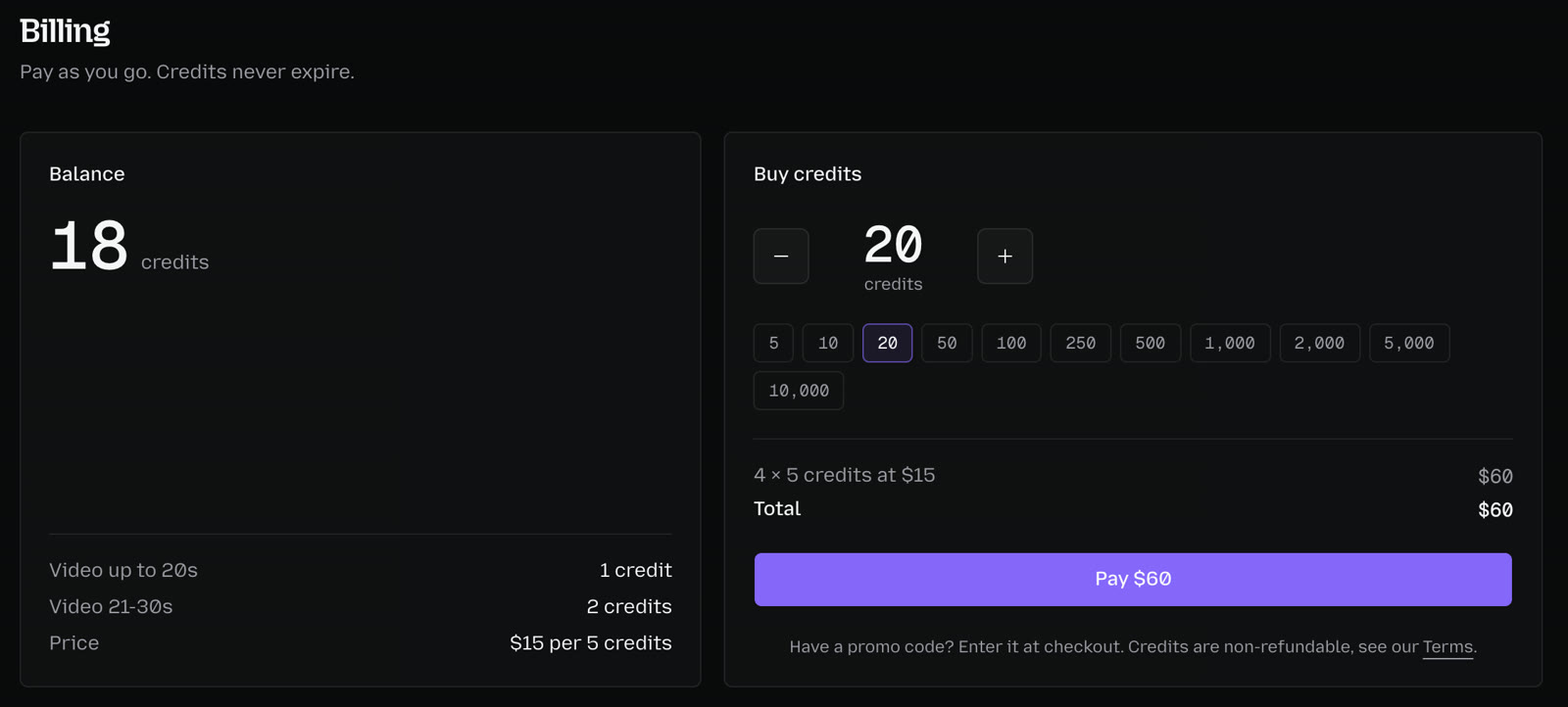 ClipMovi billing page: $15 per 5 credits, 1 credit for a video up to 20 seconds