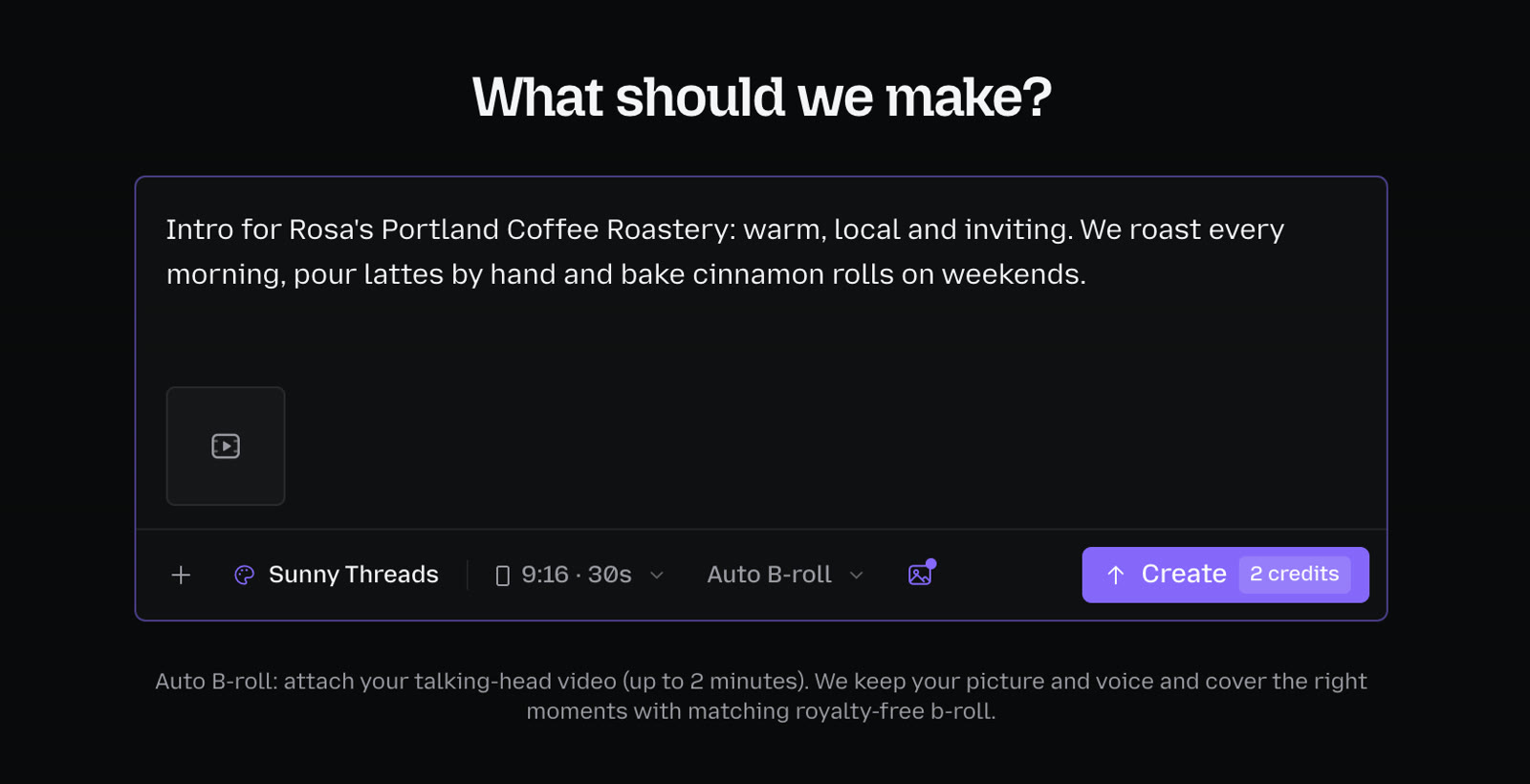 Animatid create page with Auto B-roll selected and a talking-head video attached