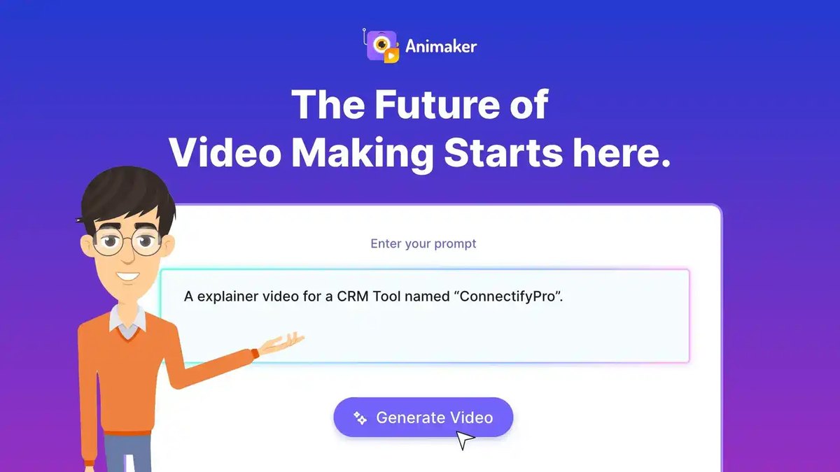 Animaker share image with a cartoon character next to a prompt box reading An explainer video for a CRM tool