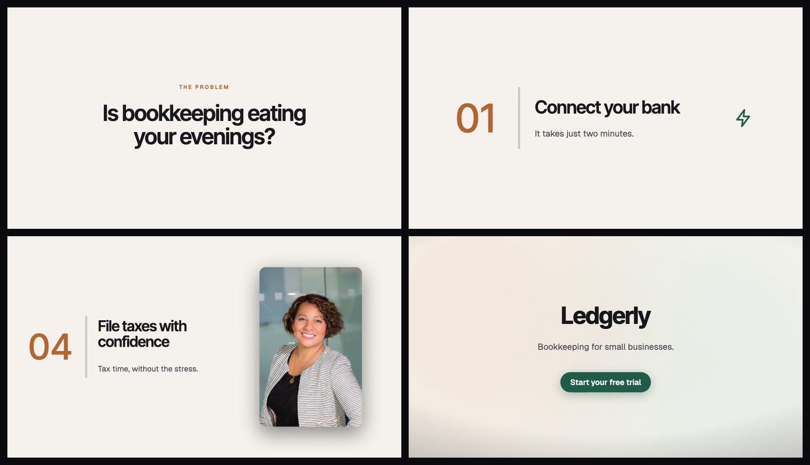 Four scenes from an Animatid explainer video for a bookkeeping app: a problem question, numbered steps with icons, a photo card and a closing call to action