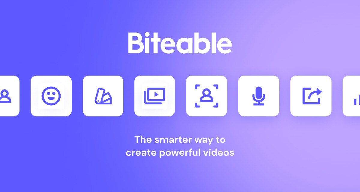 Biteable share image on a purple gradient with feature icons and the text The smarter way to create powerful videos
