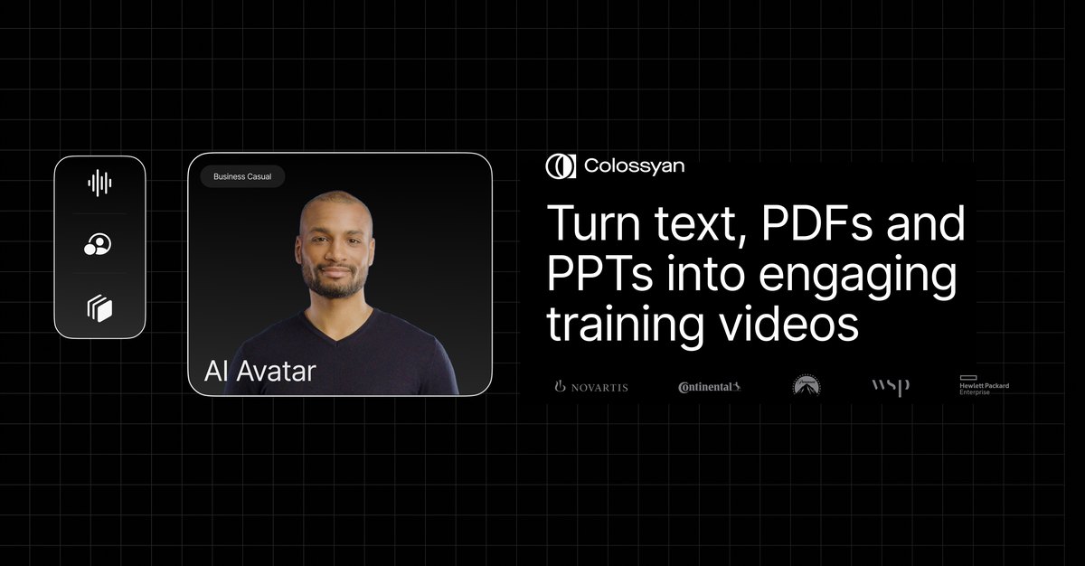 Colossyan share image with an AI avatar and the text Turn text, PDFs and PPTs into engaging training videos