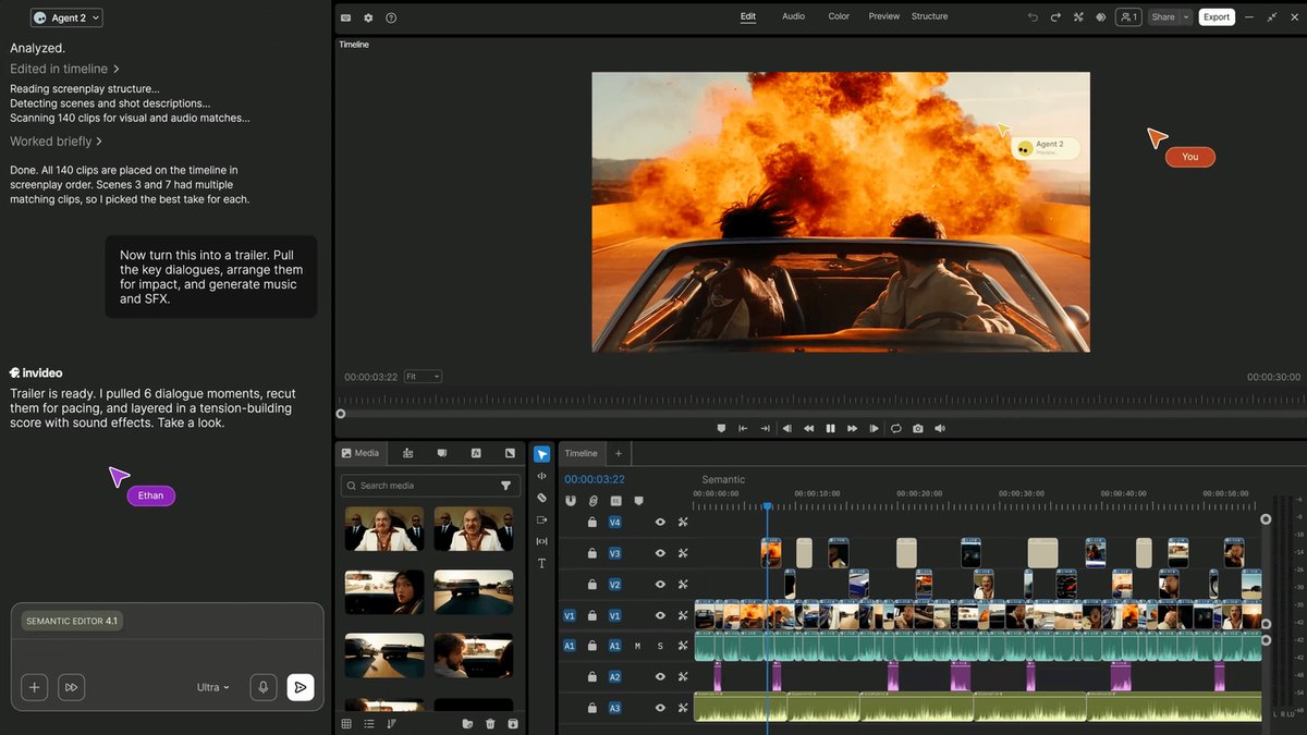 InVideo share image showing its AI agent editing a video timeline with an action movie scene