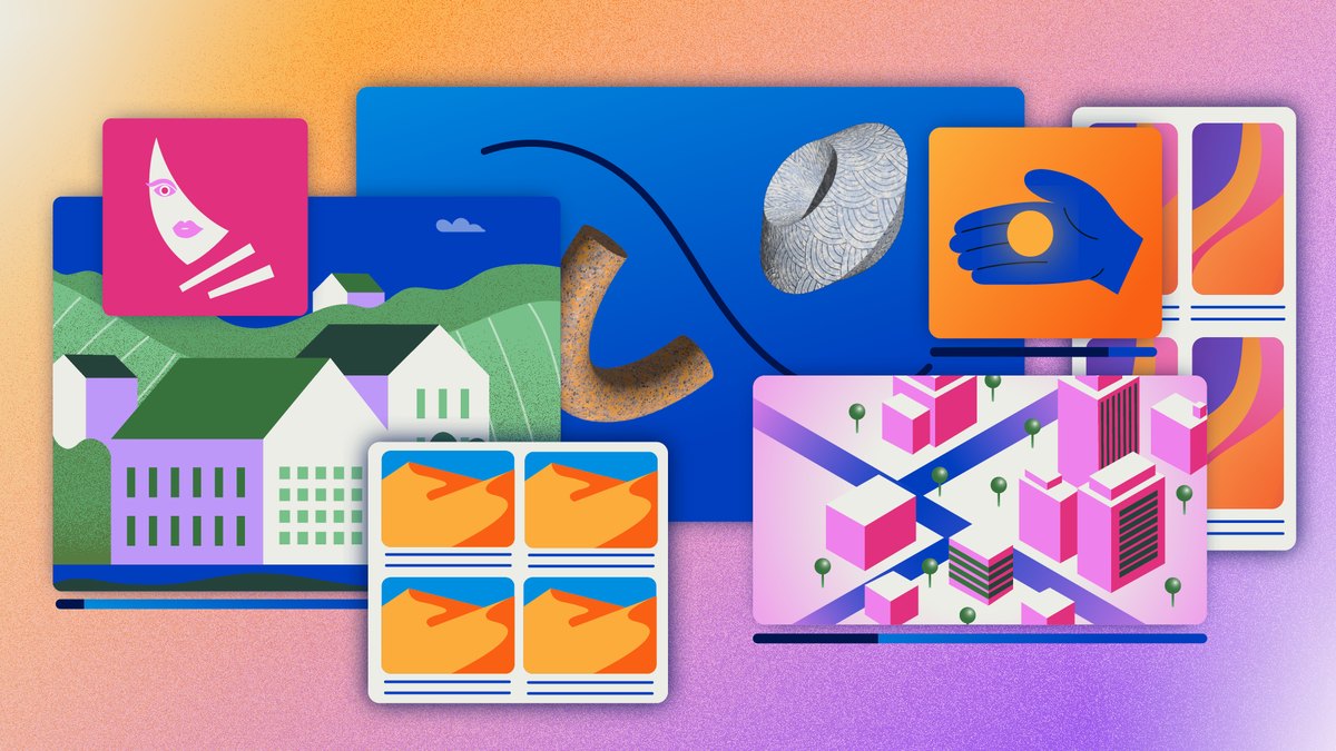 Lunair share illustration with colorful animated shapes, a hand, houses and city blocks