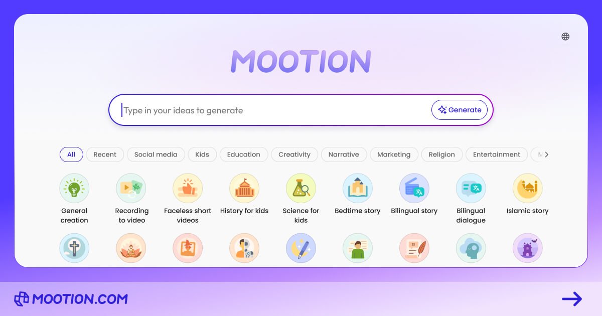 Mootion share image showing a prompt box and categories such as education, marketing and bedtime story