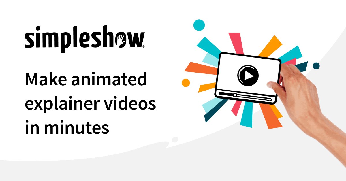 simpleshow share image with the text Make animated explainer videos in minutes and a hand holding a video icon