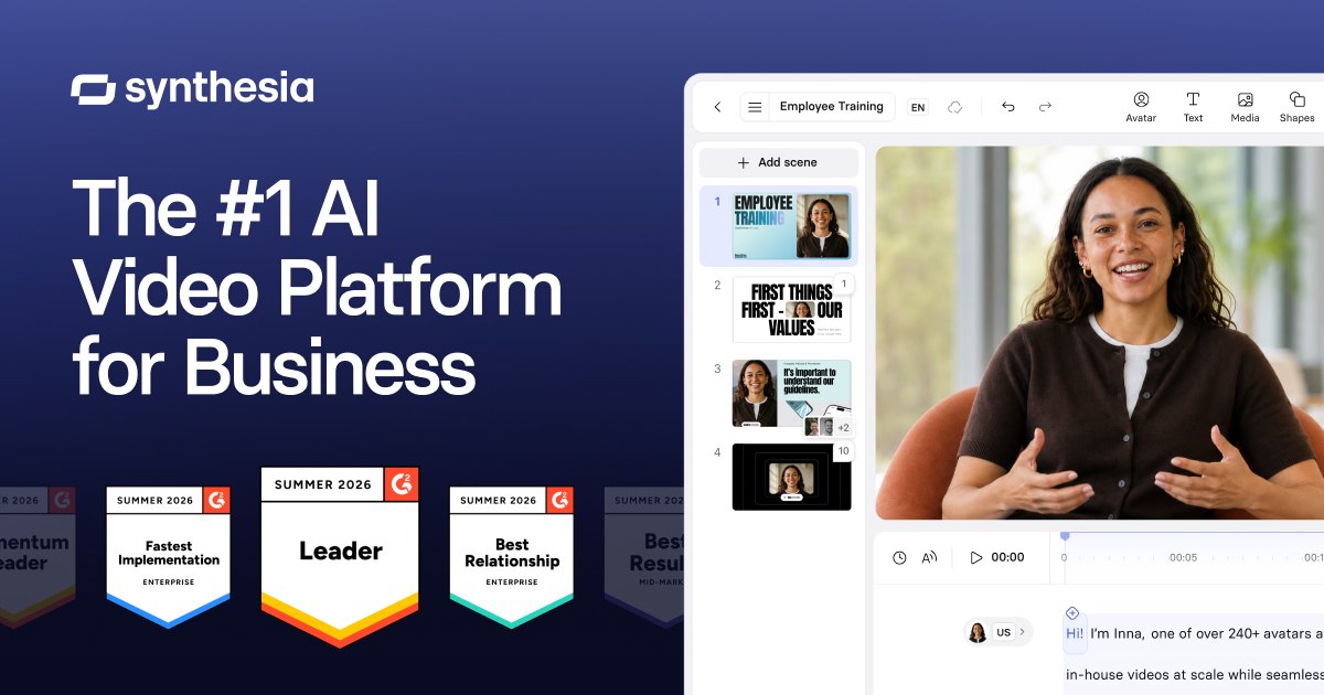 Synthesia share image showing its video editor with an AI avatar presenter and the headline The #1 AI Video Platform for Business