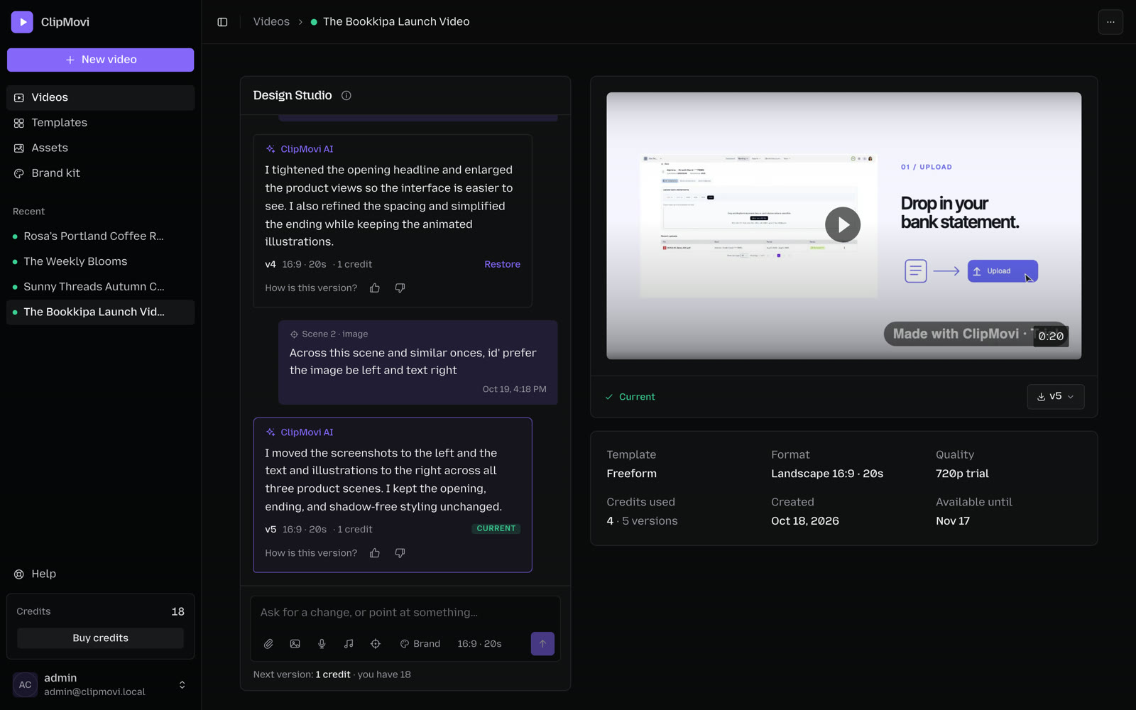 Animatid Design Studio: chat with the AI on the left, video preview on the right