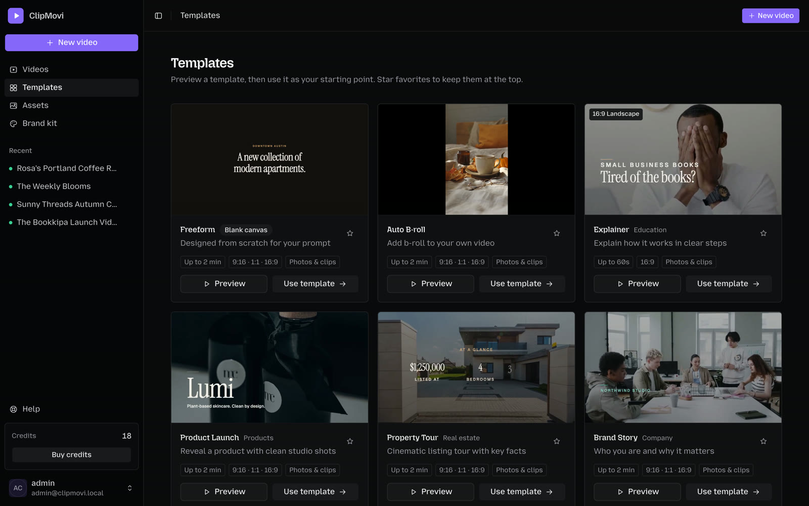 Animatid template gallery with Freeform, Auto B-roll, Explainer and other templates